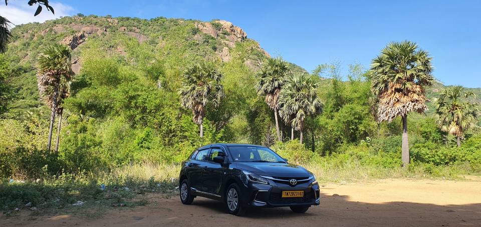 Our Glanza under palm trees and hills